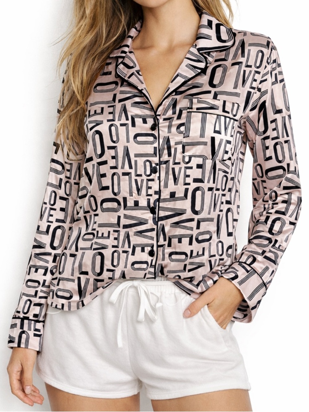 Victoria’s Secret Satin Love Print Pajama Button Up Top Pink XS